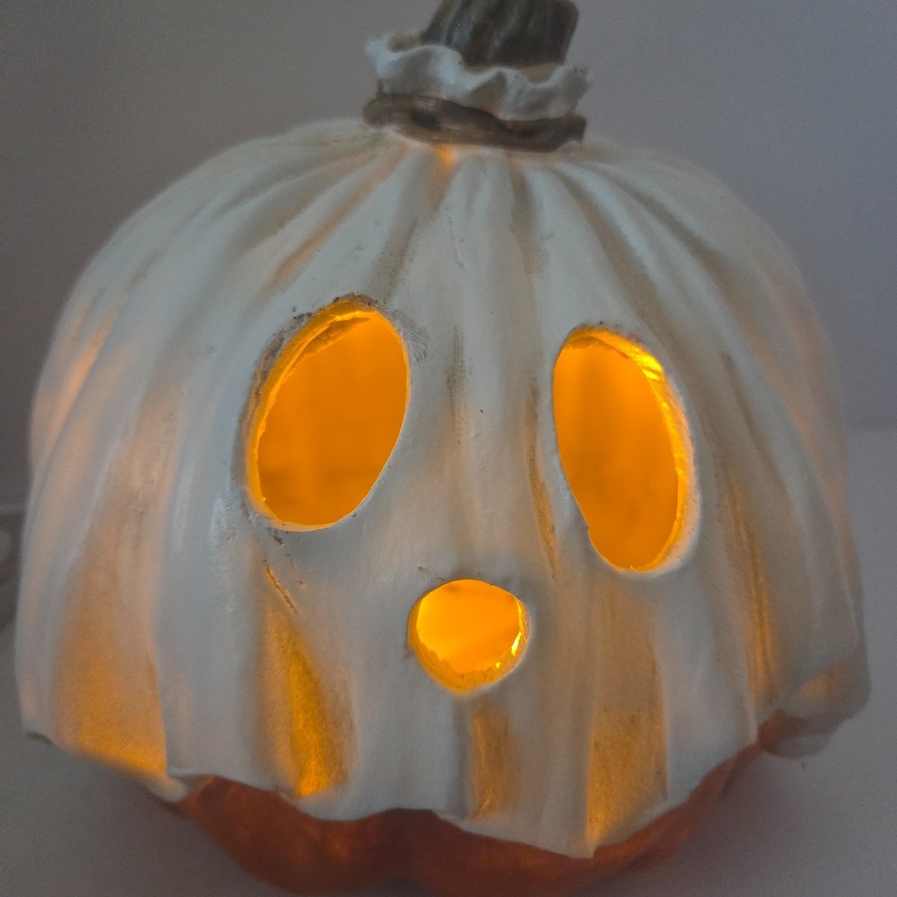 White Ghost Pumpkin LED Lighted Halloween Decor Toil and Trouble 8" New